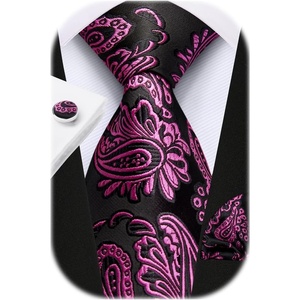 image:imageHISDERN Pre Tied Ties for Men Paisley Solid Striped Necktie and Pocket Square Cufflinks Set Formal Wedding Neck TieBhot PinkPaisley