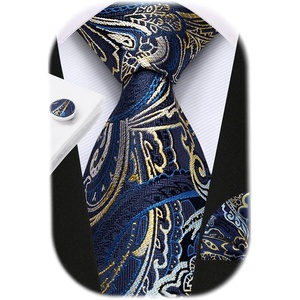image:imageHISDERN Pre Tied Ties for Men Paisley Solid Striped Necktie and Pocket Square Cufflinks Set Formal Wedding Neck TieBnavyPaisley 2