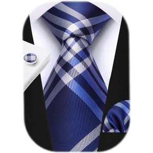 image:imageHISDERN Pre Tied Ties for Men Paisley Solid Striped Necktie and Pocket Square Cufflinks Set Formal Wedding Neck TieCblueStriped