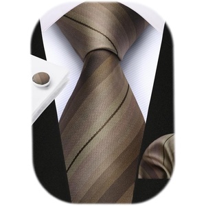 image:imageHISDERN Pre Tied Ties for Men Paisley Solid Striped Necktie and Pocket Square Cufflinks Set Formal Wedding Neck TieCbrownStriped