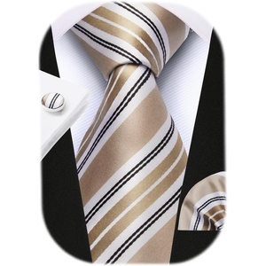 image:imageHISDERN Pre Tied Ties for Men Paisley Solid Striped Necktie and Pocket Square Cufflinks Set Formal Wedding Neck TieCchampagneStriped