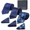image:imageHISDERN Mens Ties Extra Long Tie and Pocket Square Set 63 Inch XL Tie Pack Collection Present Box Necktie Lot 3 PCSA2navy Blue