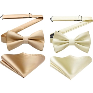 image:imageHISDERN Classic Champagne Pre Tied Bow Ties for Men Luxury Satin Champagne Gold Bow Tie Pocket Squares Set Tuxedo Wedding Business Prom