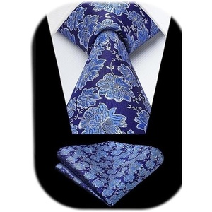 image:imageHISDERN Extra Long Ties for Men Classic Floral Tie and Pocket Square Elegant Silk Necktie Handkerchief Set Wedding PartyE8blue Floral