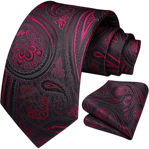image:imageHISDERN Formal Floral Ties for Men and Pocket Square Set Mens Paisley Silk Tie for Wedding Party 34 x 59Black  Red Paisley