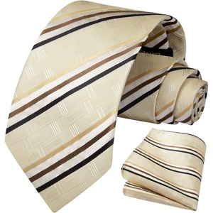 image:imageHISDERN Formal Floral Ties for Men and Pocket Square Set Mens Paisley Silk Tie for Wedding Party 34 x 59Stripe Champagne Brown