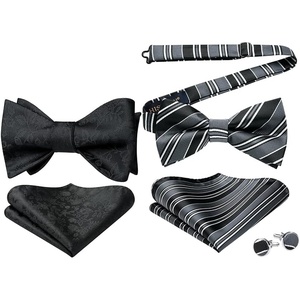 image:imageHISDERN Mens Bowties Floral Selftie and Stripe Pretied Bow Ties for Men Black Bowtie with Handkerchief Set for Wedding Party