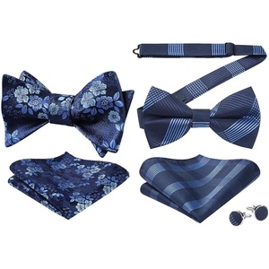 image:imageHISDERN Mens Bowties Floral Selftie and Striped Pretied Bow Ties for Men Navy Blue Bowtie with Handkerchief Set for Wedding Party