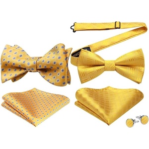 image:imageHISDERN Mens Bowties Polka Dot Selftie and Plaid Pretied Bow Ties for Men Gold Yellow Bowtie with Handkerchief Set for Wedding Party