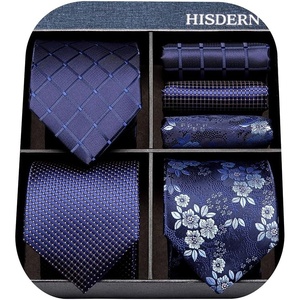 image:imageHISDERN Mens Ties Extra Long Tie and Pocket Square Set 63 Inch XL Tie Pack Collection Present Box Necktie Lot 3 PCSA2navy Blue
