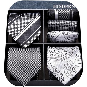 image:imageHISDERN Mens Ties Extra Long Tie and Pocket Square Set 63 Inch XL Tie Pack Collection Present Box Necktie Lot 3 PCSCsilver  Gray  Black