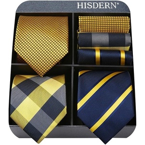 image:imageHISDERN Mens Ties Extra Long Tie and Pocket Square Set 63 Inch XL Tie Pack Collection Present Box Necktie Lot 3 PCSYellow Gold Plaid  Stripe