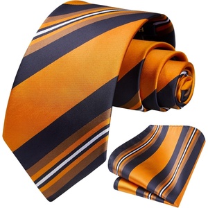 image:imageHISDERN Mens Ties Paisley Tie and Pocket Square Woven Classic Floral Mens Necktie Handkerchief Set for Wedding PartyB4orange  Navy Stripe