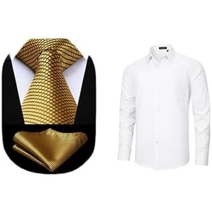 image:imageHISDERN Mens Ties Plaid Tie and Pocket Square Set Men Oxford Business Casual Formal Collared Shirt