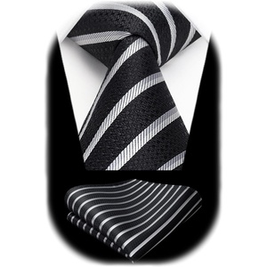 image:imageHISDERN Mens Ties Stripe Plaid Tie with Pocket Square Set Classic Woven Silk Necktie Handkerchief for Men Formal BusinessA02 Black