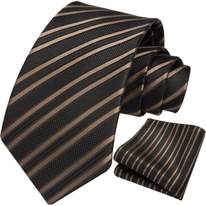 image:imageHISDERN Mens Ties Stripe Plaid Tie with Pocket Square Set Classic Woven Silk Necktie Handkerchief for Men Formal BusinessA04 Black Brown