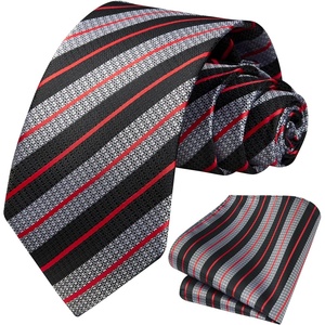 image:imageHISDERN Mens Ties Stripe Plaid Tie with Pocket Square Set Classic Woven Silk Necktie Handkerchief for Men Formal BusinessA06blackred