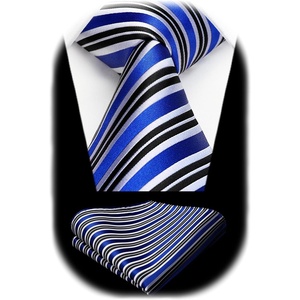 image:imageHISDERN Mens Ties Stripe Plaid Tie with Pocket Square Set Classic Woven Silk Necktie Handkerchief for Men Formal BusinessB02 Blue  Black