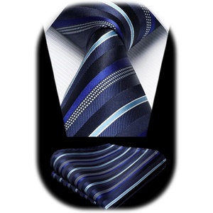image:imageHISDERN Mens Ties Stripe Plaid Tie with Pocket Square Set Classic Woven Silk Necktie Handkerchief for Men Formal BusinessC02 Navy Blue