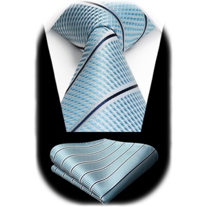 image:imageHISDERN Mens Ties Stripe Plaid Tie with Pocket Square Set Classic Woven Silk Necktie Handkerchief for Men Formal BusinessC04 Blue 1