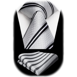 image:imageHISDERN Mens Ties Stripe Plaid Tie with Pocket Square Set Classic Woven Silk Necktie Handkerchief for Men Formal BusinessD01 White  Black