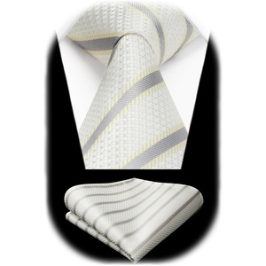 image:imageHISDERN Mens Ties Stripe Plaid Tie with Pocket Square Set Classic Woven Silk Necktie Handkerchief for Men Formal BusinessD02 Silve  White