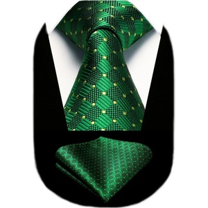 image:imageHISDERN Mens Ties Stripe Plaid Tie with Pocket Square Set Classic Woven Silk Necktie Handkerchief for Men Formal BusinessE02 Green