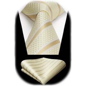 image:imageHISDERN Mens Ties Stripe Plaid Tie with Pocket Square Set Classic Woven Silk Necktie Handkerchief for Men Formal BusinessGold  Champagne