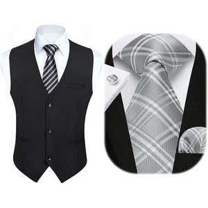 image:imageHISDERN Mens Vest Tie Set Stripe Plaid Ties with Pocket Square Cufflinks Formal Business Silk Necktie Handkerchief for Me
