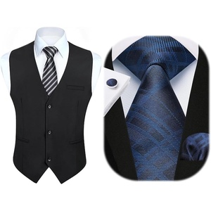 image:imageHISDERN Mens Vest Tie Set Stripe Plaid Ties with Pocket Square Cufflinks Formal Business Vest Silk Necktie Handkerchief for Men