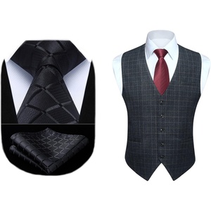 image:imageHISDERN Plaid Checkered Tie Handkerchief Set Black Mens Suit Vest L Size 2 Pieces Set Classic Formal Mens Dress Vest Match With Necktie and Pocket Square Set