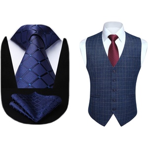 image:imageHISDERN Plaid Checkered Tie Handkerchief Set Blue Mens Suit Vest L Size 2 Pieces Set Classic Formal Mens Dress Vest Match With Necktie and Pocket Square Set Navy Blue