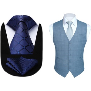 image:imageHISDERN Plaid Checkered Tie Handkerchief Set Blue Mens Suit Vest L Size 2 Pieces Set Classic Formal Mens Dress Vest Match With Necktie and Pocket Square Set Light Blue