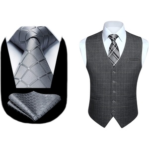 image:imageHISDERN Plaid Checkered Tie Handkerchief Set Grey Mens Suit Vest L Size 2 Pieces Set Classic Formal Mens Dress Vest Match With Necktie and Pocket Square Set
