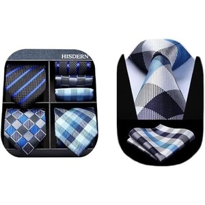 image:imageHISDERN Silk Ties for Men Blue Plaid Necktie with Pocket Square Regularamp Long Tie Set for Wedding Party Formal Business
