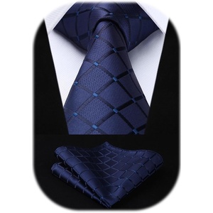 image:imageHISDERN Plaid Checkered Tie Handkerchief Woven Classic Formal Mens Necktie amp Pocket Square SetA1navy Blue