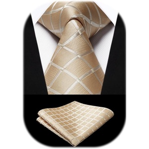 image:imageHISDERN Plaid Checkered Tie Handkerchief Woven Classic Formal Mens Necktie amp Pocket Square SetA6champagne