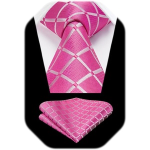 image:imageHISDERN Plaid Checkered Tie Handkerchief Woven Classic Formal Mens Necktie amp Pocket Square SetA7pink Hot