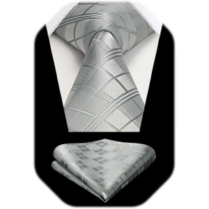 image:imageHISDERN Plaid Checkered Tie Handkerchief Woven Classic Formal Mens Necktie amp Pocket Square SetE1silver