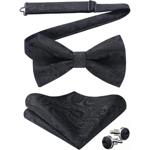 image:imageHISDERN Bow Ties for Men Pretied Bow Tie Set Paisley Classic Bowties and Pocket Square Cufflinks Set for Wedding Party1black