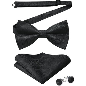 image:imageHISDERN Bow Ties for Men Pretied Bow Tie Set Paisley Classic Bowties and Pocket Square Cufflinks Set for Wedding Party1black2