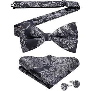 image:imageHISDERN Bow Ties for Men Pretied Bow Tie Set Paisley Classic Bowties and Pocket Square Cufflinks Set for Wedding Party1black3