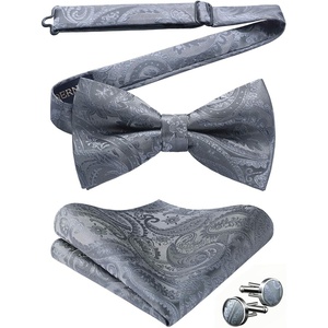 image:imageHISDERN Bow Ties for Men Pretied Bow Tie Set Paisley Classic Bowties and Pocket Square Cufflinks Set for Wedding Party1grey