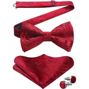 image:imageHISDERN Bow Ties for Men Pretied Bow Tie Set Paisley Classic Bowties and Pocket Square Cufflinks Set for Wedding Party2red