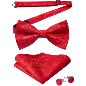 image:imageHISDERN Bow Ties for Men Pretied Bow Tie Set Paisley Classic Bowties and Pocket Square Cufflinks Set for Wedding Party2red2