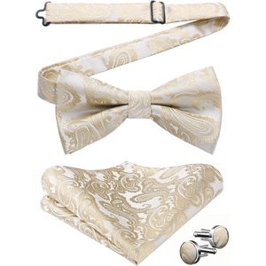 image:imageHISDERN Bow Ties for Men Pretied Bow Tie Set Paisley Classic Bowties and Pocket Square Cufflinks Set for Wedding Party4champagne