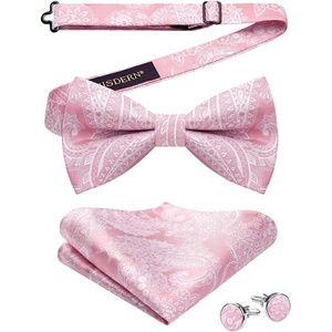 image:imageHISDERN Bow Ties for Men Pretied Bow Tie Set Paisley Classic Bowties and Pocket Square Cufflinks Set for Wedding Party4pink3