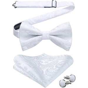 image:imageHISDERN Bow Ties for Men Pretied Bow Tie Set Paisley Classic Bowties and Pocket Square Cufflinks Set for Wedding Party4white