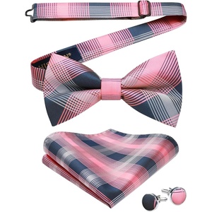 image:imageHISDERN Mens Plaid Bow Tie Set Pocket Square and Cufflinks Bowtie  Pretied Bowties Design for Easy WearCheck PatternMatching Handkerchief Cuff Link3PCS Set Wedding Formal Party Groom PromPink