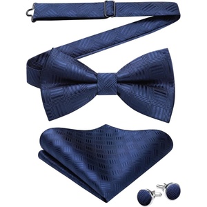image:imageHISDERN Mens Plaid Bow Tie Set Pocket Square and Cufflinks Bowtie  Pretied Bowties Design for Easy WearCheck PatternMatching Handkerchief Cuff Link3PCS Set Wedding Formal Party Groom PromNavy Blue